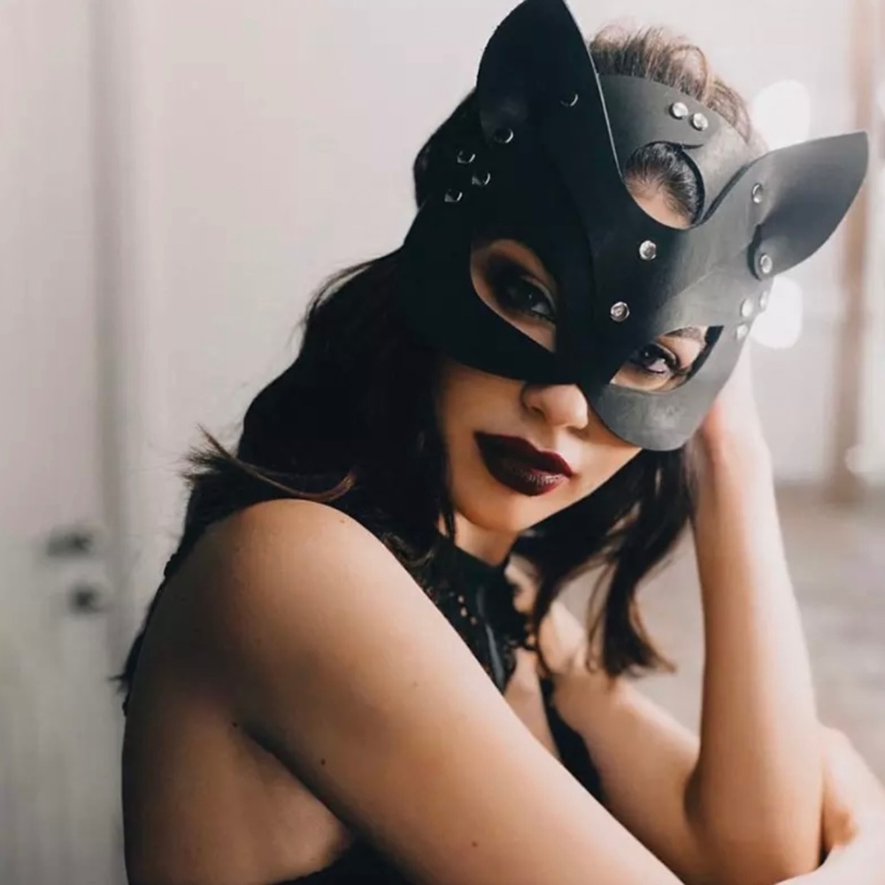 Black Faux Leather Cat Ear Masquerade Mask